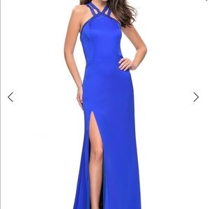 LA FEMME ROYAL BLUE PROM DRESS HALTER NECK BEADED CUT OUT BACK NWT